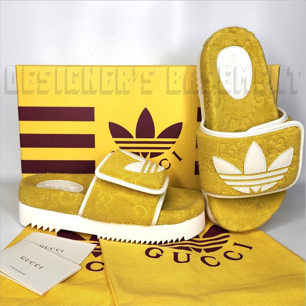 GUCCI x Adidas woman 36EU- 6US Yellow GG Sponge & Trefoil platform Slide sandals - Picture 2 of 11